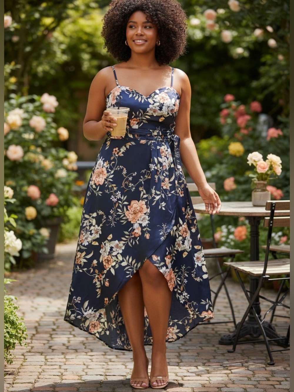 Lulus My Favorite Day Navy Floral Print Tulip Skirt Midi Dress High Low -XL